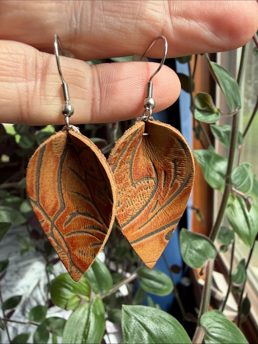 Handcrafted Tan Leather Leaf Drop Earrings
